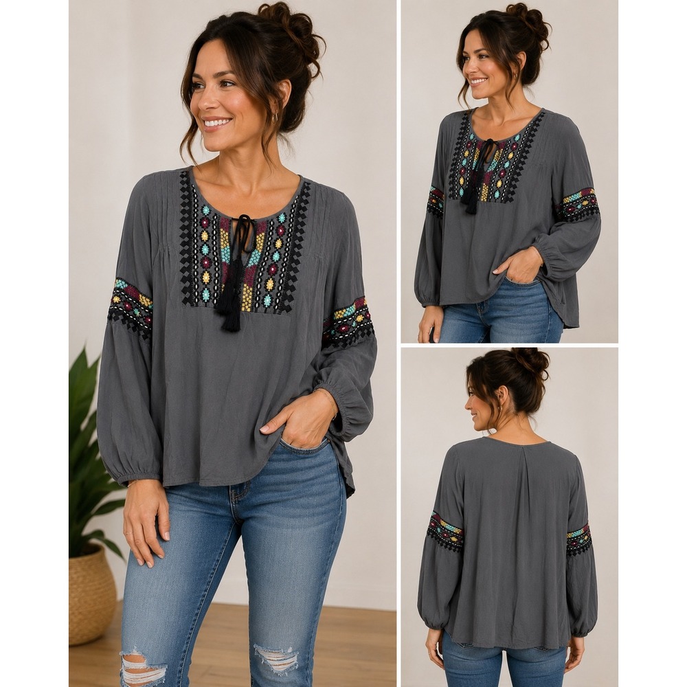 Solitaire Gray Embroidered Peasant Blouse Tassel Tie Long Sleeve Top Large